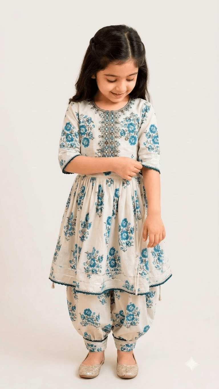 Girls Off-White & Turquoise Blue Floral Printed Cotton Kurta with Dhoti Pant Set