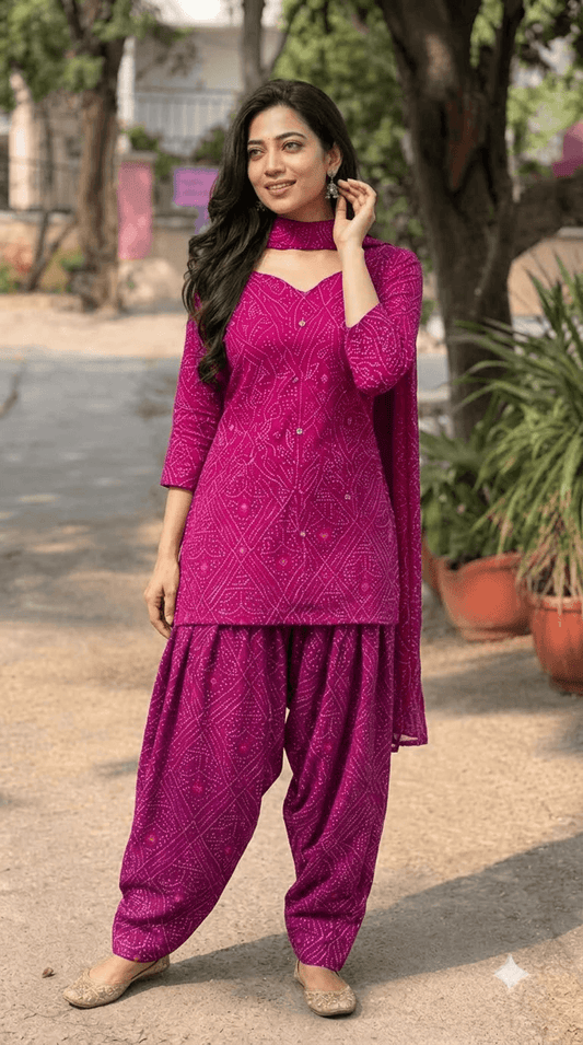 Women Magenta Bandhani Printed Cotton Patiyala Salwar Suit Set with Dupatta