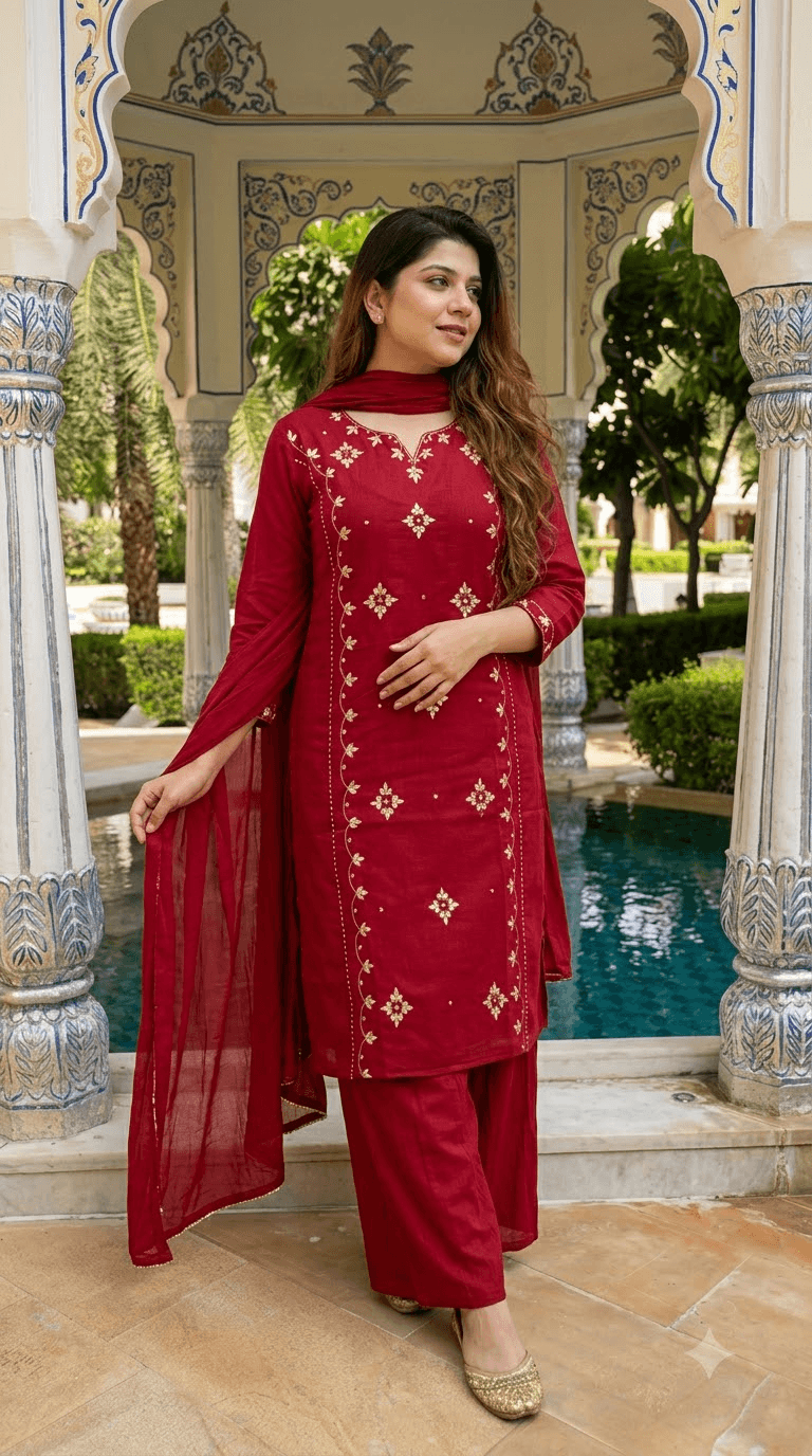 Maroon Embroidered Cotton Kurta with Sharara and Dupatta Set