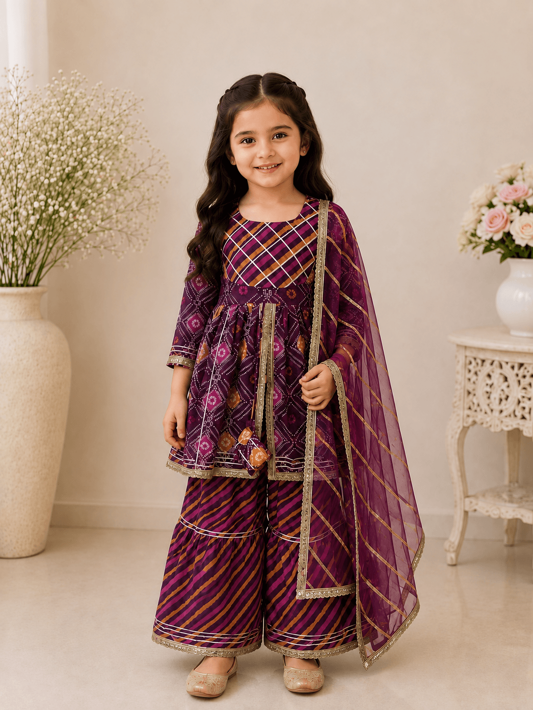 Girls Purple Bandhani Print Peplum Kurti Sharara Set | Kids Gota Patti Traditional Festive Wear Suit with Dupatta