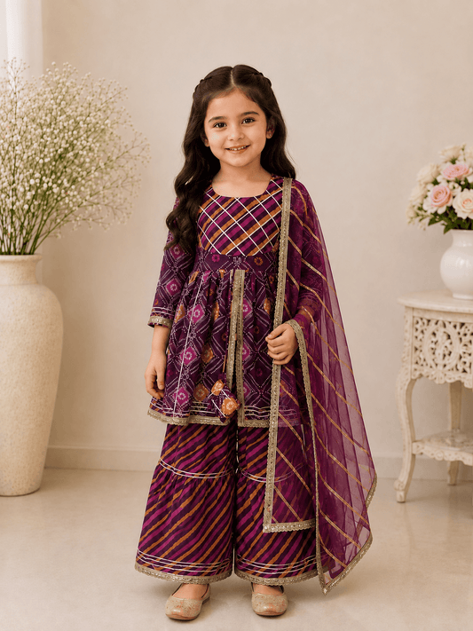 Girls Purple Bandhani Print Peplum Kurti Sharara Set | Kids Gota Patti Traditional Festive Wear Suit with Dupatta