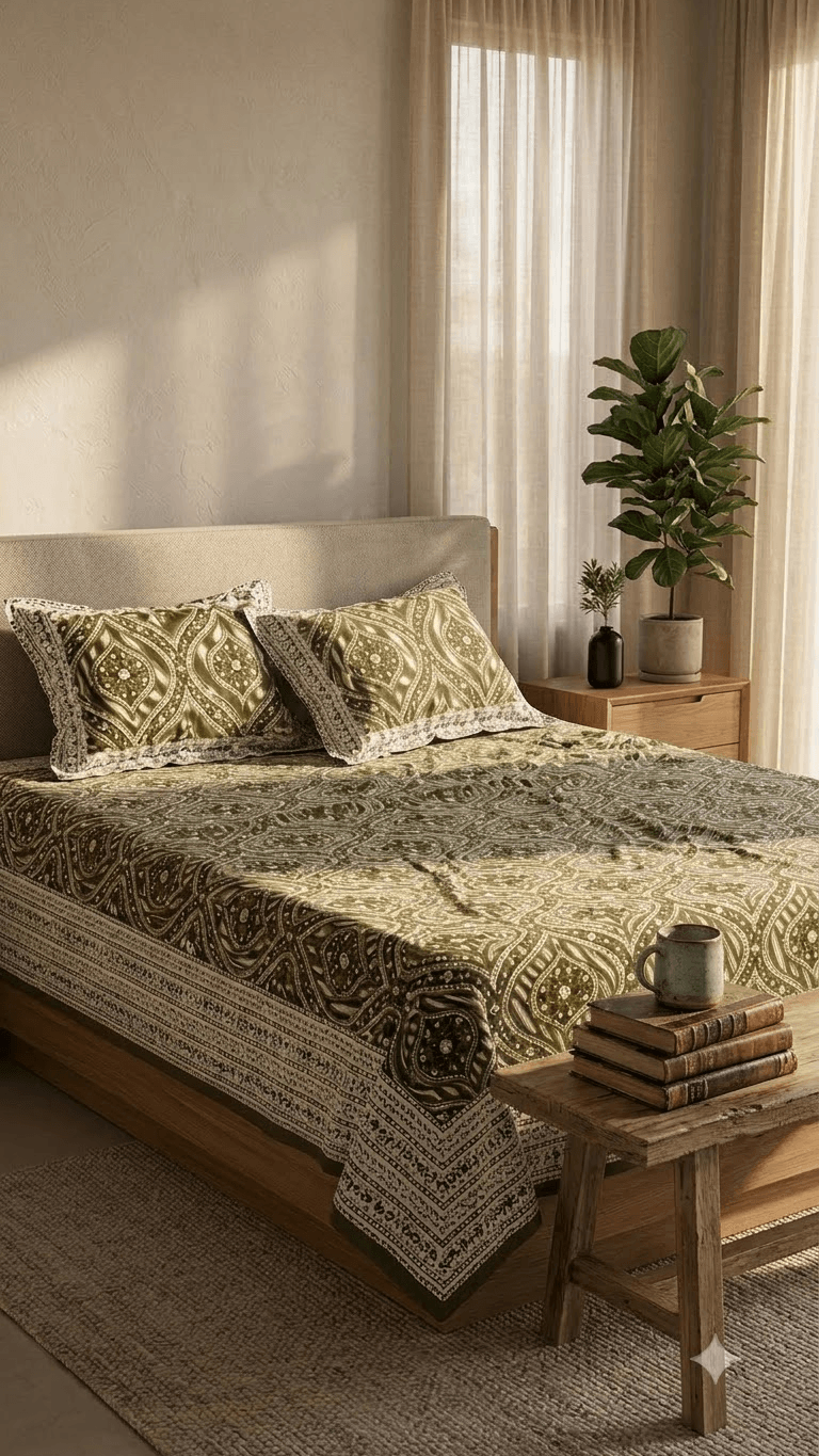 Olive Green and Gold Block-Print Style Cotton Double Bedsheet with Pillow Covers