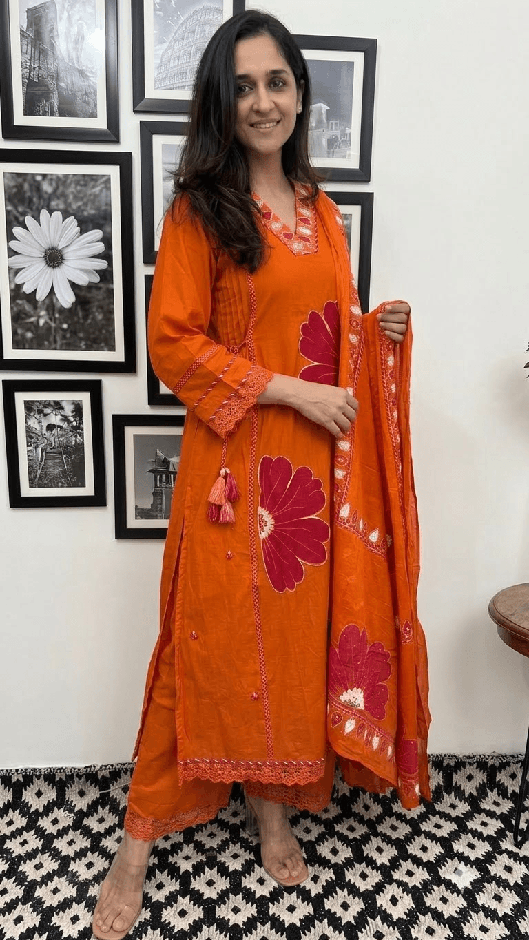 Orange Embroidered Cotton Kurta, Salwar with Dupatta Set
