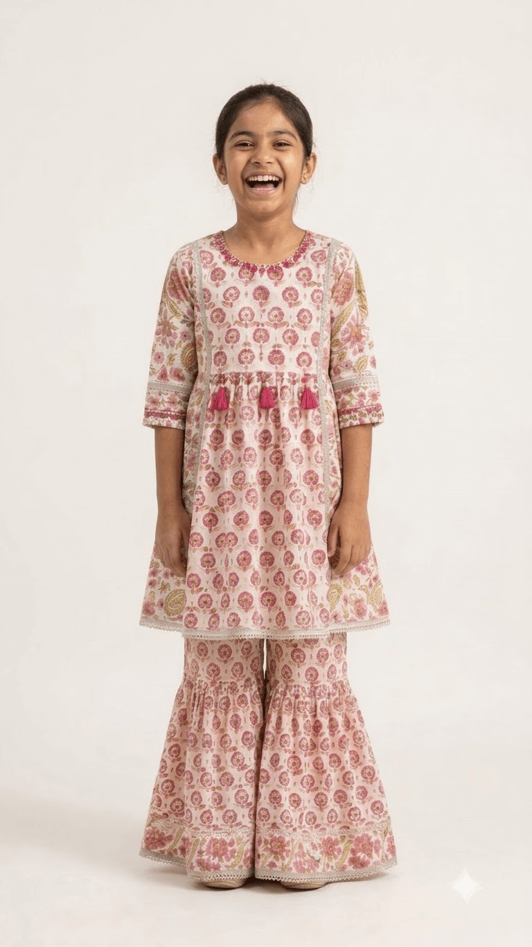 Girls Off-White & Pink Floral Block Printed Cotton Sharara Suit Set