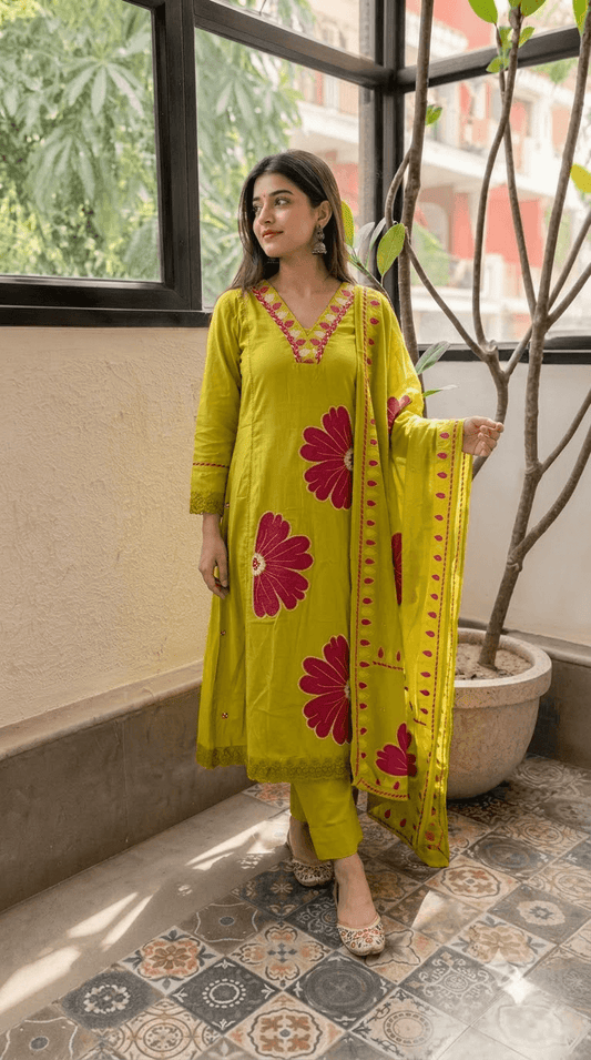 Olive Green Embroidered Cotton Kurta, Salwar with Dupatta Set