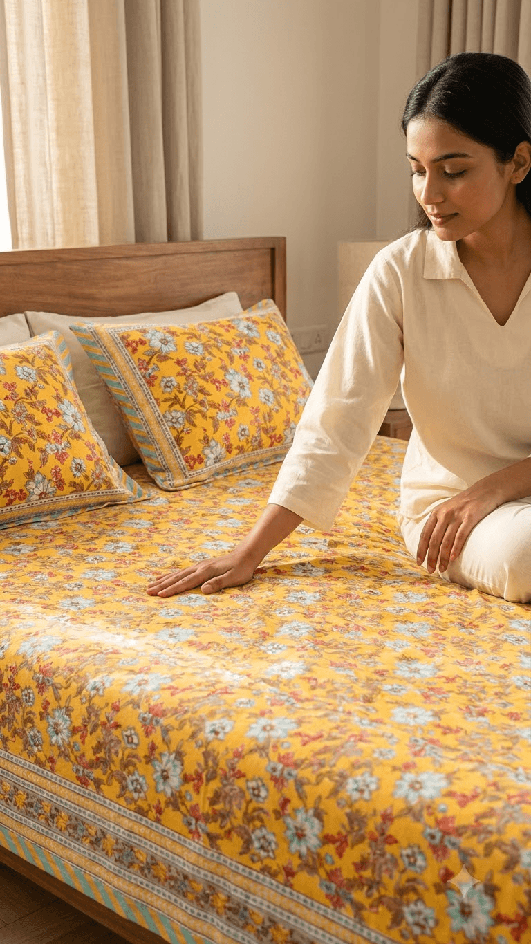 Yellow Floral Block-Print Style Cotton Double Bedsheet with Pillow Covers
