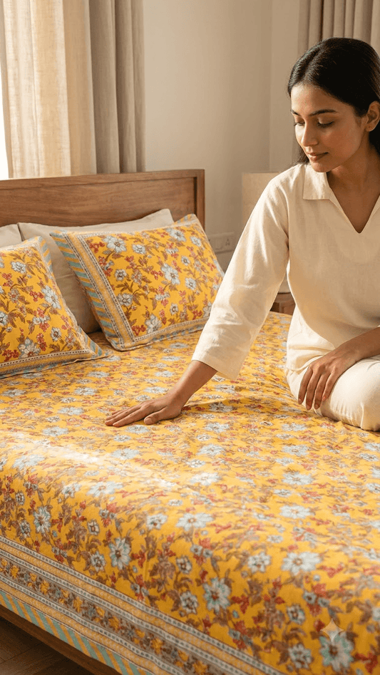Yellow Floral Block-Print Style Cotton Double Bedsheet with Pillow Covers