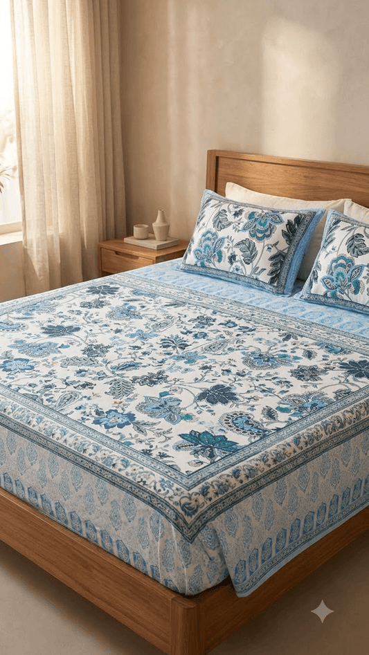 Blue and Off-White Floral Block-Print Style Cotton Double Bedsheet with Pillow Covers