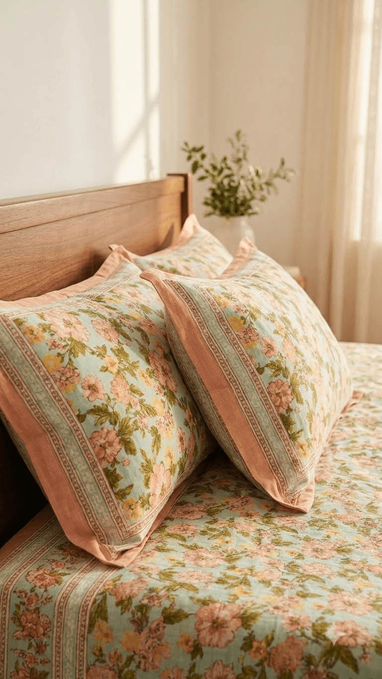 Mint Green and Peach Floral Block-Print Style Cotton Double Bedsheet with Pillow Covers