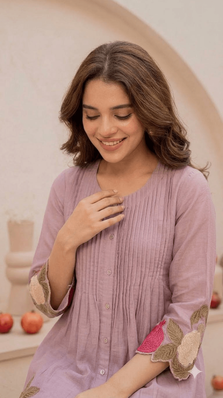 Lavender Embroidered Cotton Kurta with Matching Trouser Set