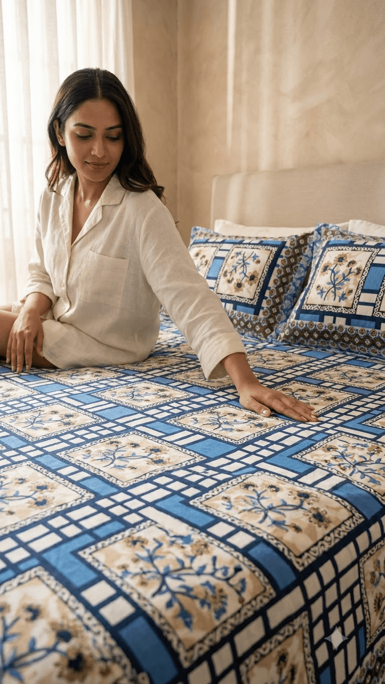 Royal Blue and Beige Geometric Floral Block-Print Style Cotton Double Bedsheet with Pillow Covers