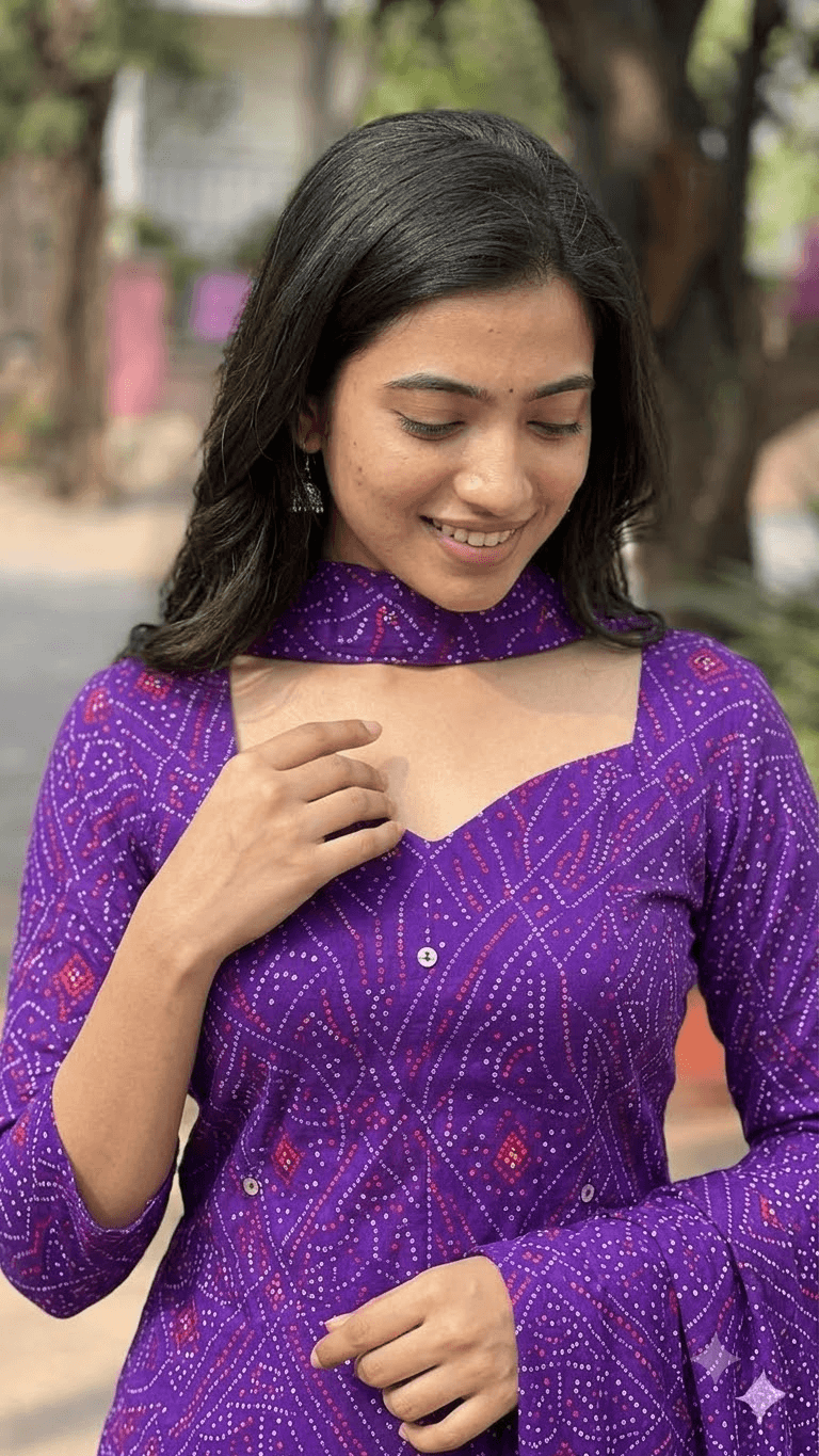 Women Purple Bandhani Printed Cotton Patiyala Salwar Suit Set with Dupatta