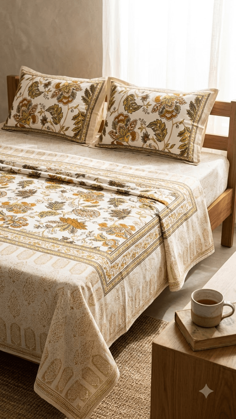Mustard and Olive Floral Block-Print Style Cotton Double Bedsheet with Pillow Covers