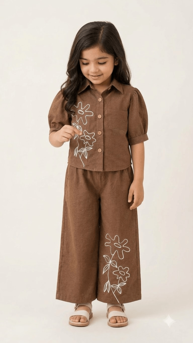 Girls Chestnut Brown Linen Cotton Floral Embroidered Shirt with Wide-Leg Pants Co-Ord Set