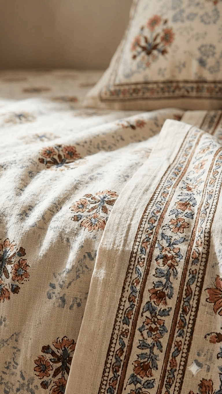 Charcoal and Off-White Floral Block-Print Style Cotton Double Bedsheet with Pillow Covers