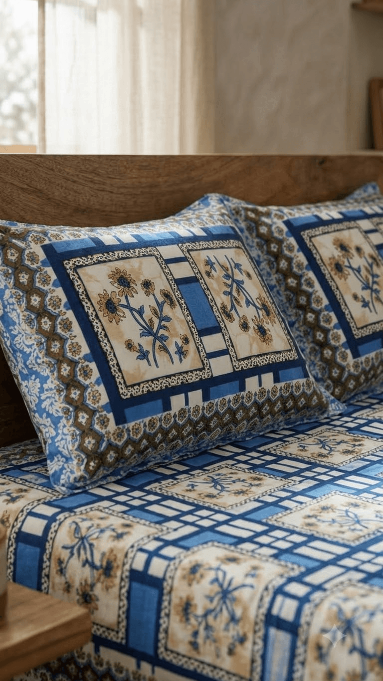 Royal Blue and Beige Geometric Floral Block-Print Style Cotton Double Bedsheet with Pillow Covers