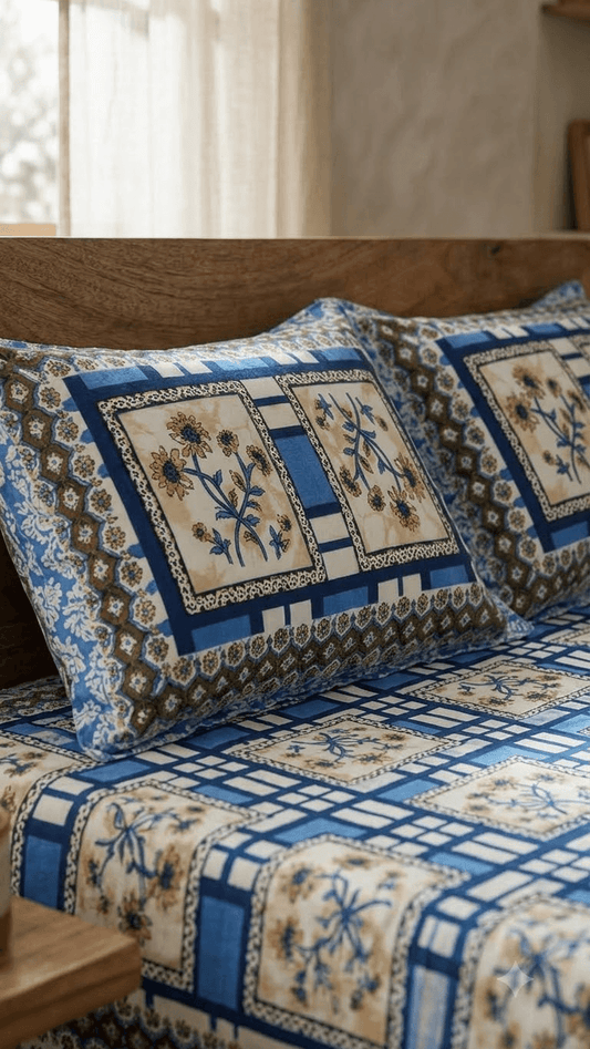 Royal Blue and Beige Geometric Floral Block-Print Style Cotton Double Bedsheet with Pillow Covers