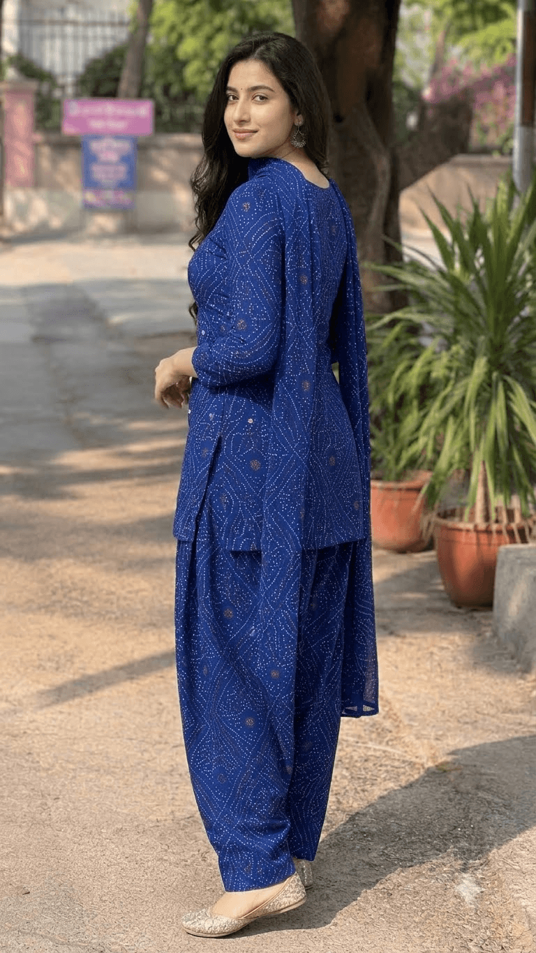 Women Royal Blue Bandhani Printed Cotton Patiyala Salwar Suit Set with Dupatta