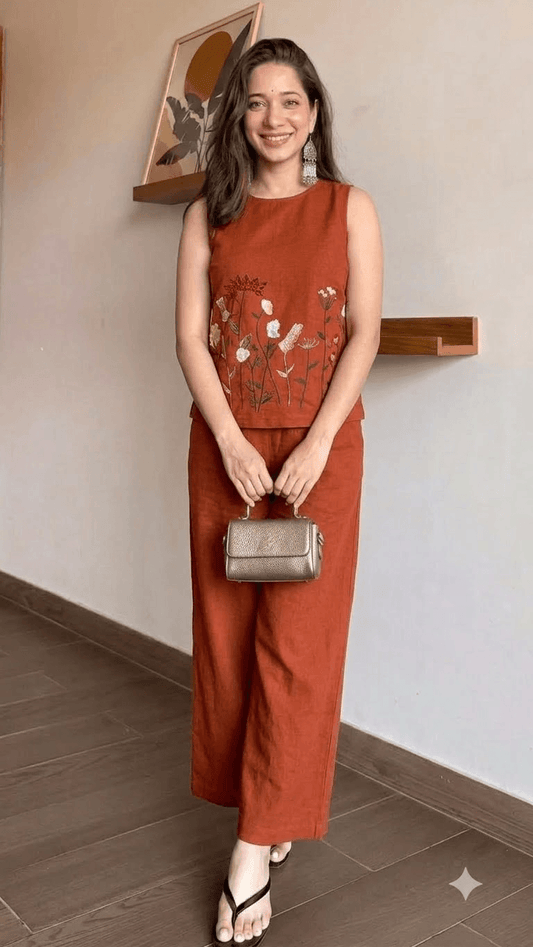 Rust Orange Embroidered Cotton Sleeveless Top with Wide-Leg Trouser Set