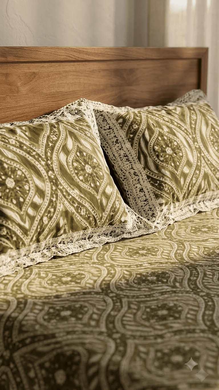 Olive Green and Gold Block-Print Style Cotton Double Bedsheet with Pillow Covers