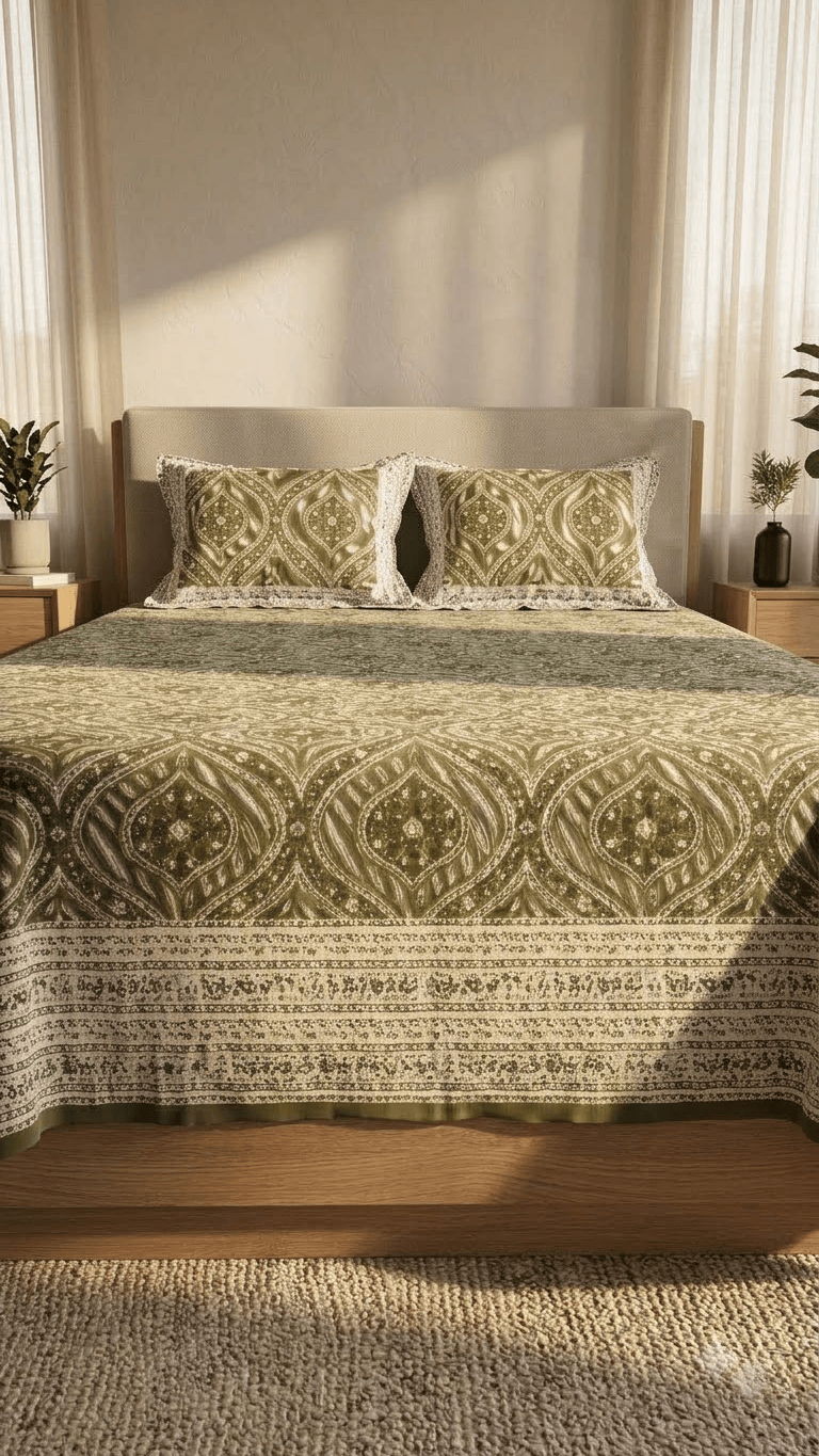 Olive Green and Gold Block-Print Style Cotton Double Bedsheet with Pillow Covers