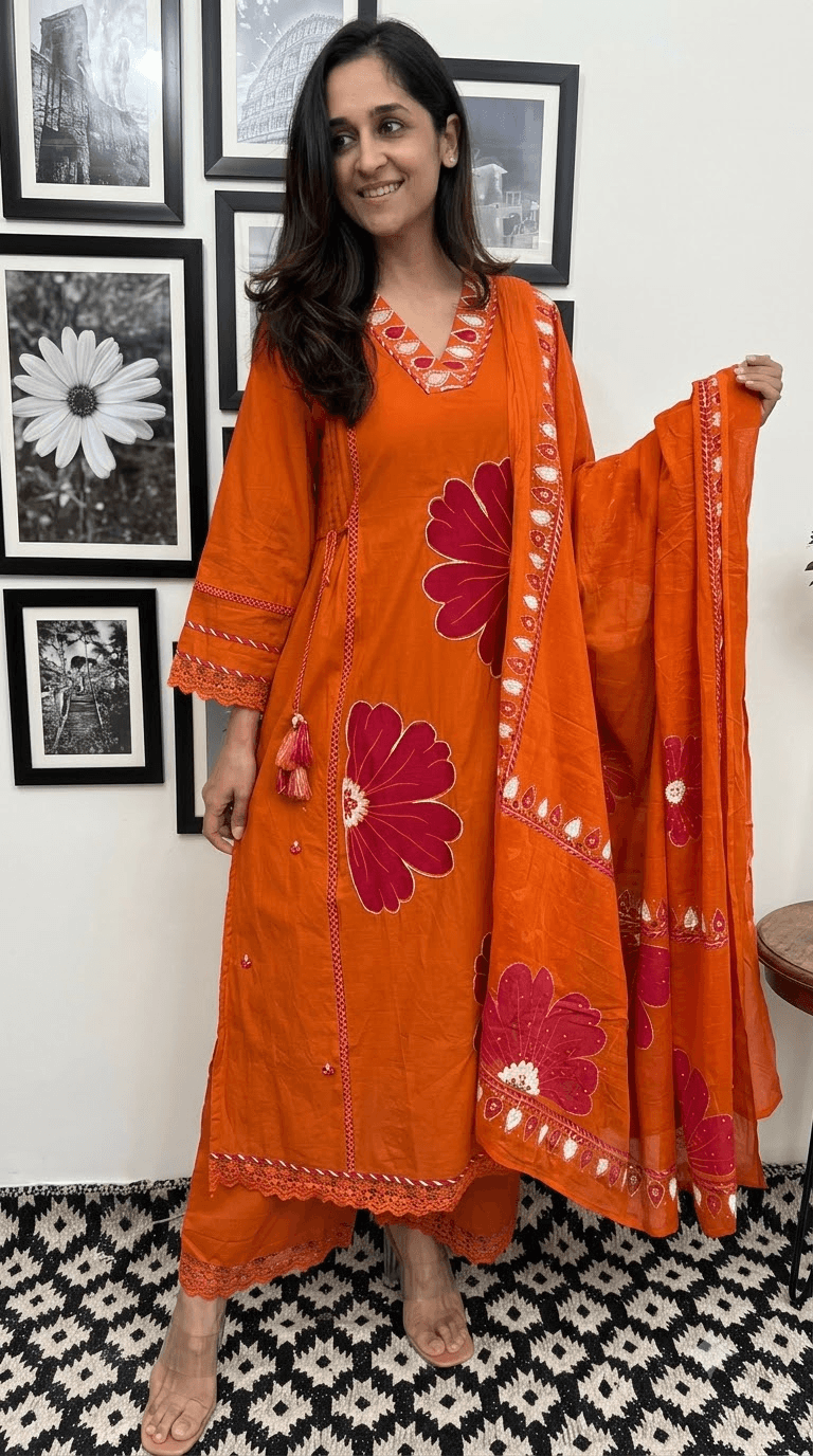 Orange Embroidered Cotton Kurta, Salwar with Dupatta Set
