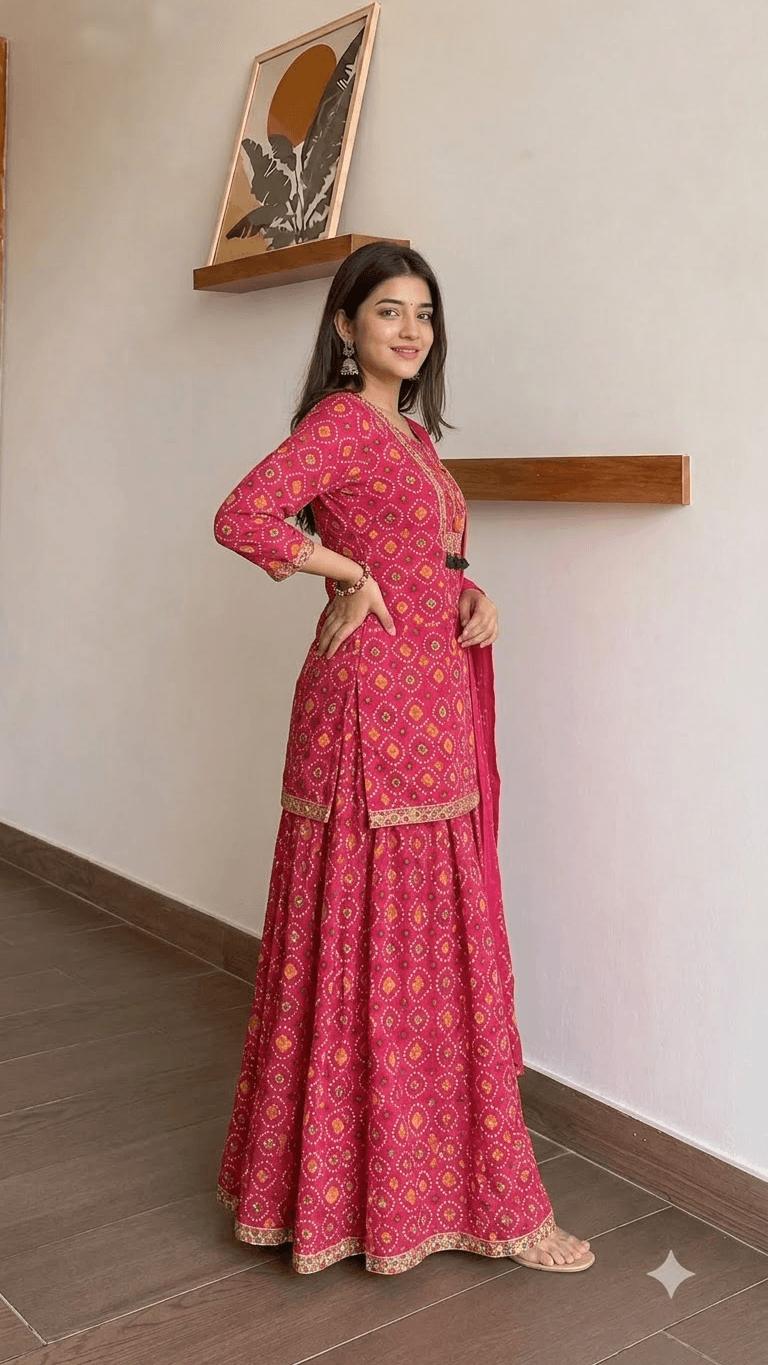 Rani Pink Bandhani-Print Cotton Kurta with Sharara and Dupatta Set