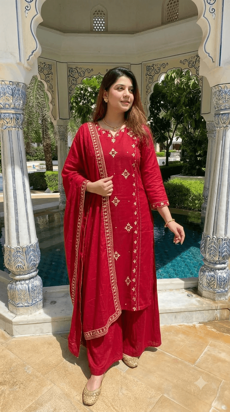 Maroon Embroidered Cotton Kurta with Sharara and Dupatta Set