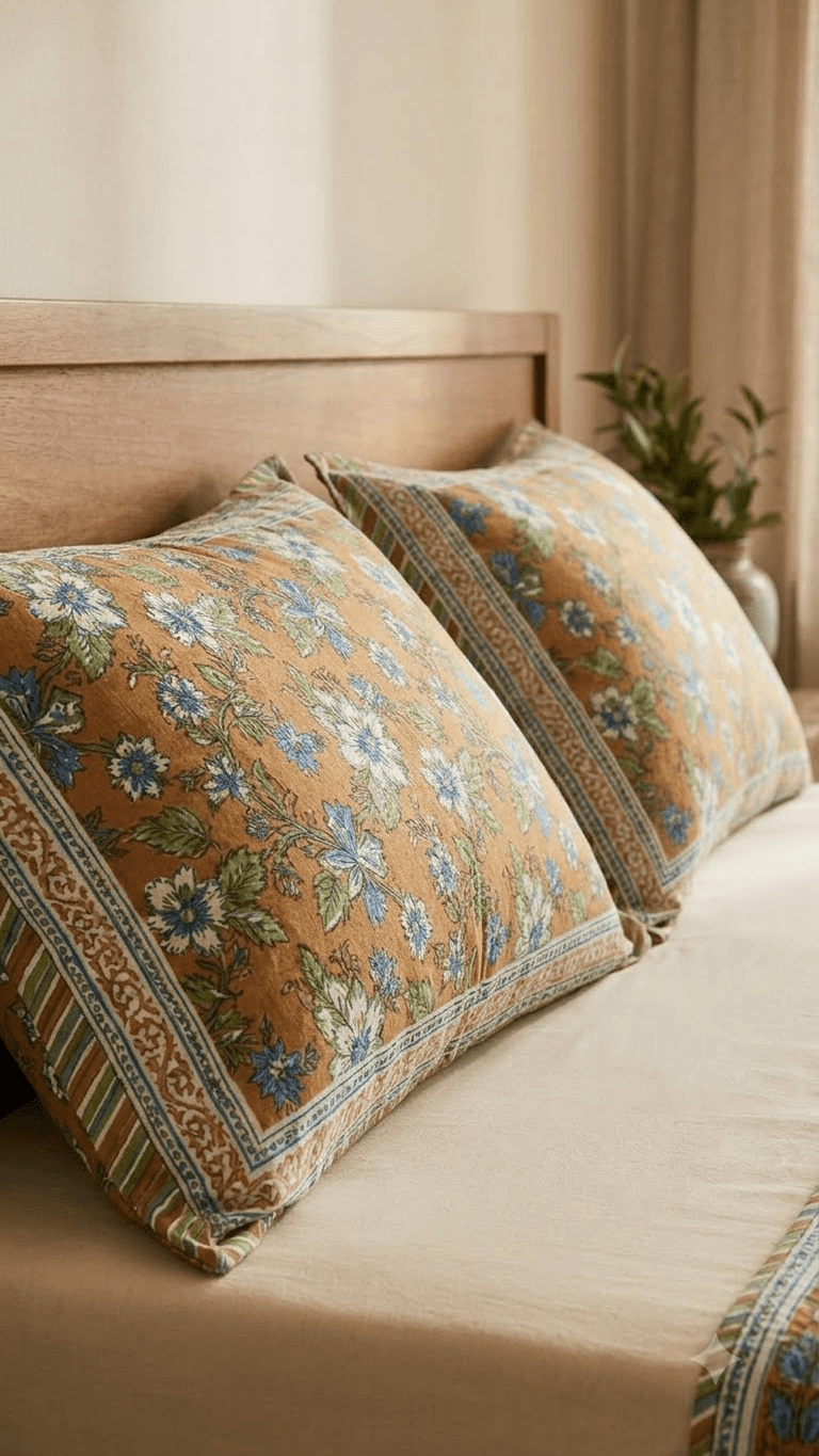Mustard and Blue Floral Block-Print Style Cotton Double Bedsheet with Pillow Covers