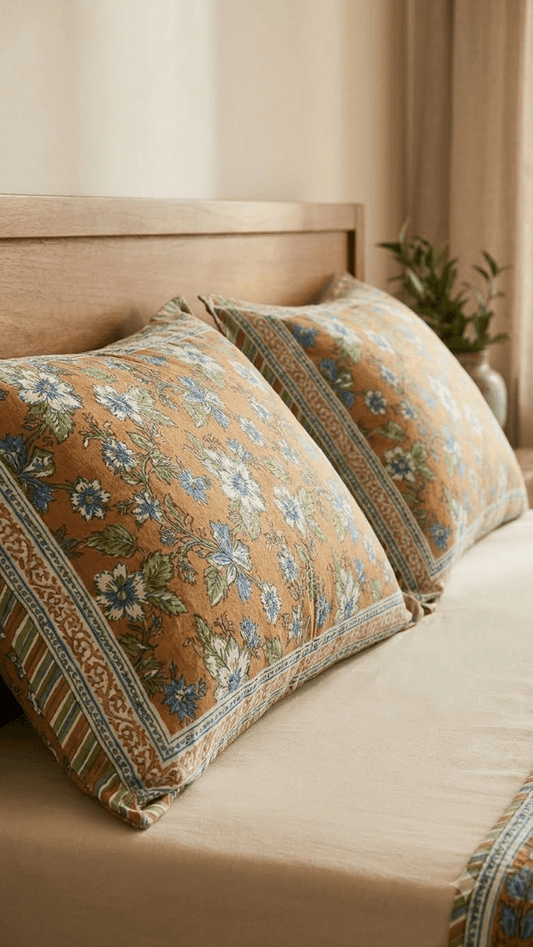 Mustard and Blue Floral Block-Print Style Cotton Double Bedsheet with Pillow Covers