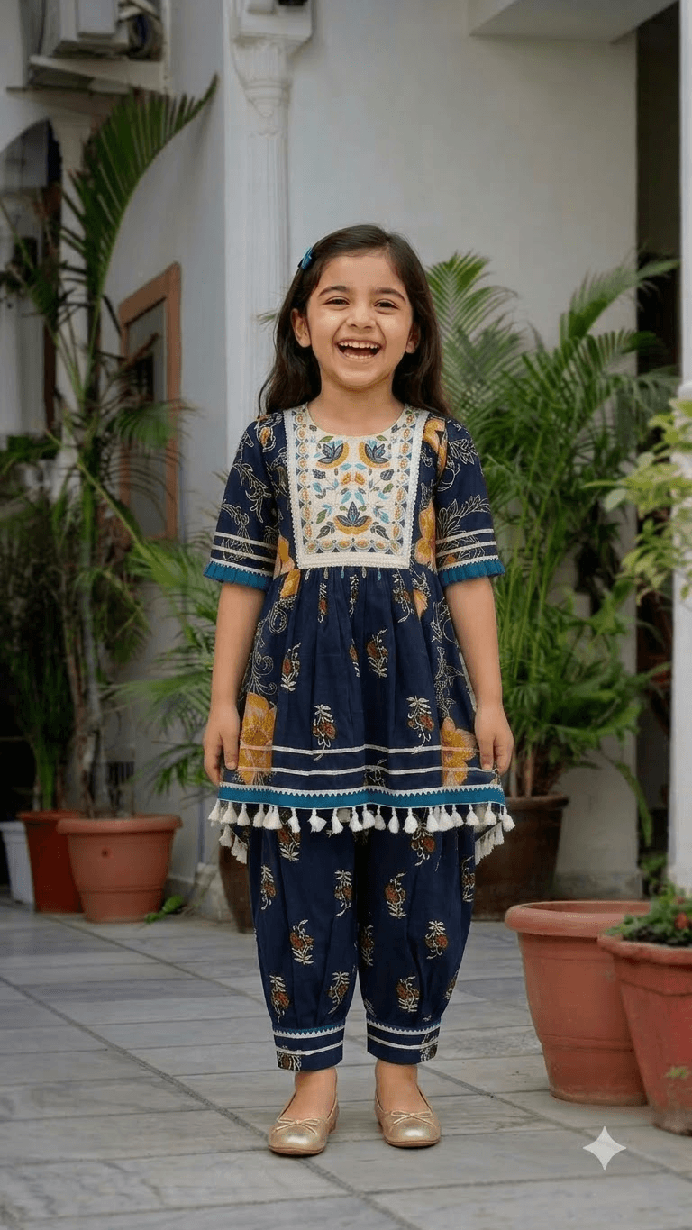 Girls Navy Blue Floral Printed Cotton Kurta with Dhoti Pant Set & Embroidered Yoke