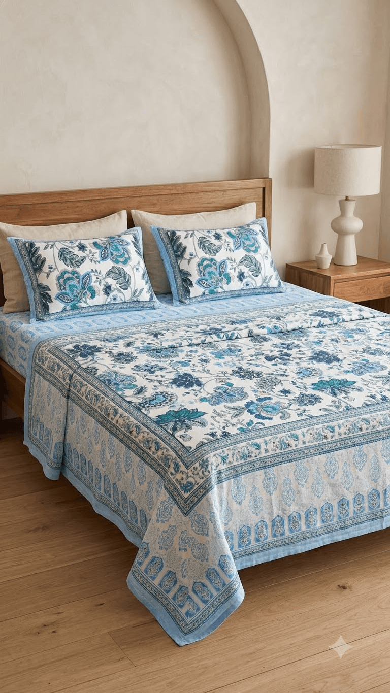 Blue and Off-White Floral Block-Print Style Cotton Double Bedsheet with Pillow Covers