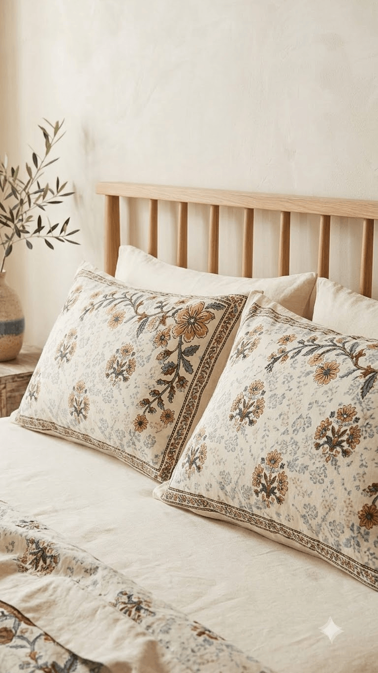 Charcoal and Off-White Floral Block-Print Style Cotton Double Bedsheet with Pillow Covers