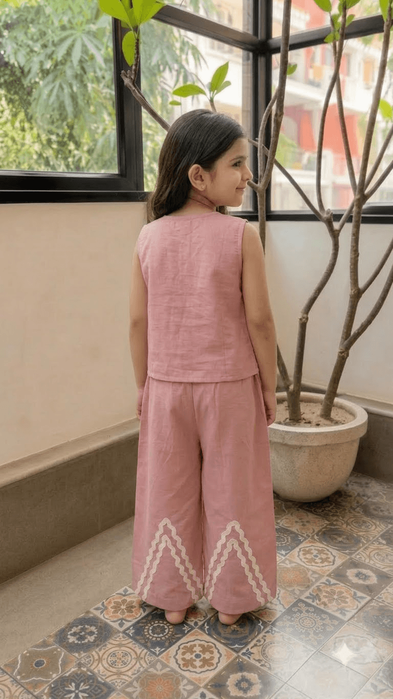 Girls Dusty Rose Pink Cotton Vest Top & Wide-Leg Pants Co-Ord Set with Lace Work