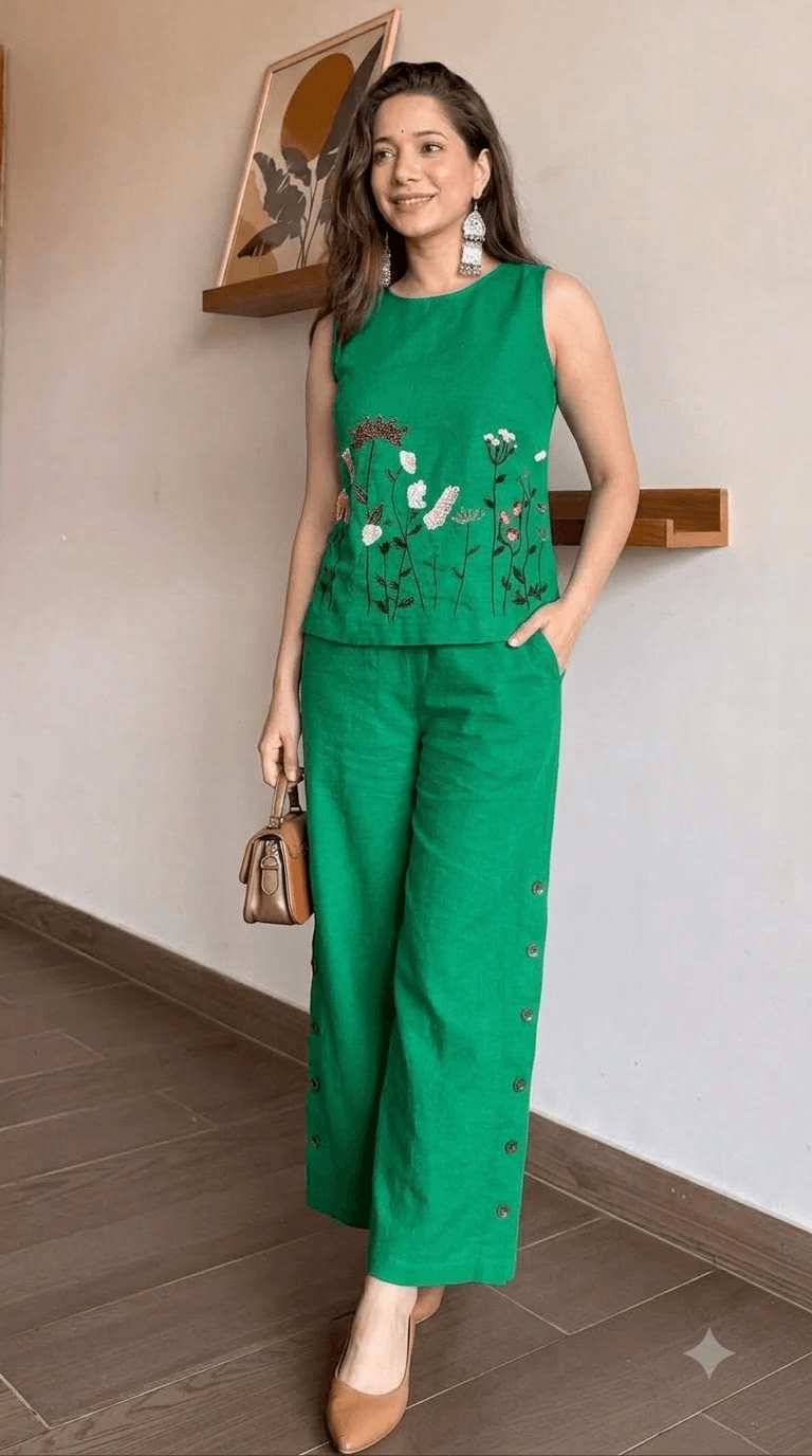 Emerald Green Embroidered Cotton Sleeveless Top with Wide-Leg Trouser Set