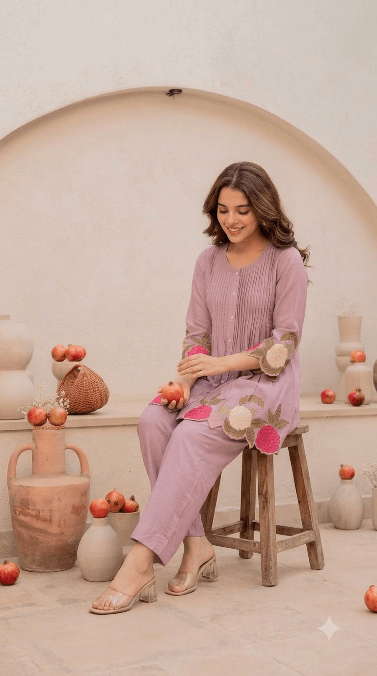 Lavender Embroidered Cotton Kurta with Matching Trouser Set