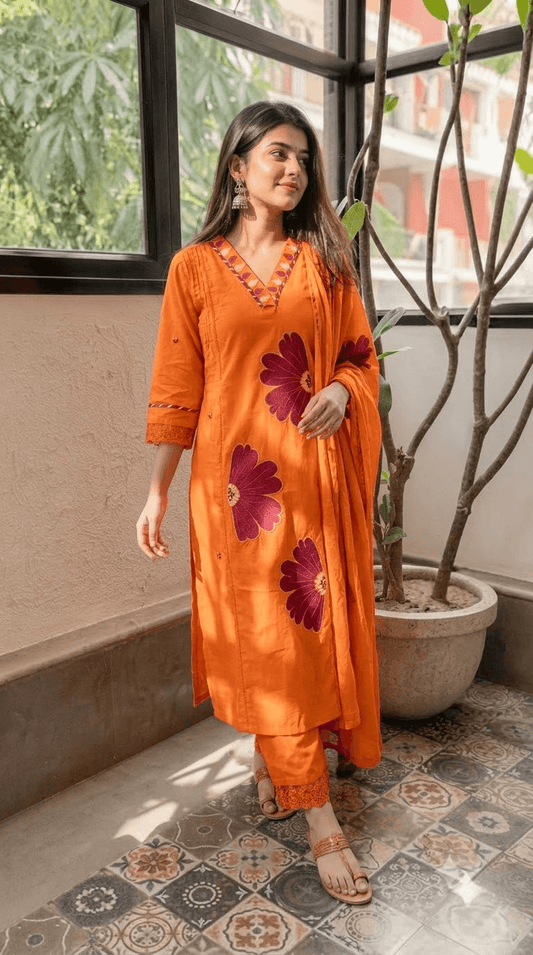 Orange Embroidered Cotton Kurta, Salwar with Dupatta Set