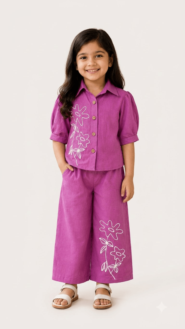 Girls Orchid Purple Linen Cotton Floral Embroidered Shirt with Wide-Leg Pants Co-Ord Set