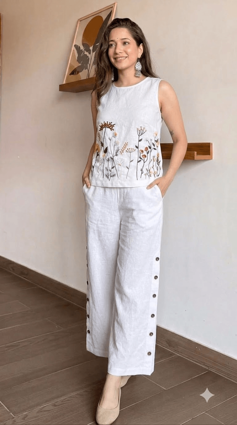 White Embroidered Cotton Sleeveless Top with Wide-Leg Trouser Set