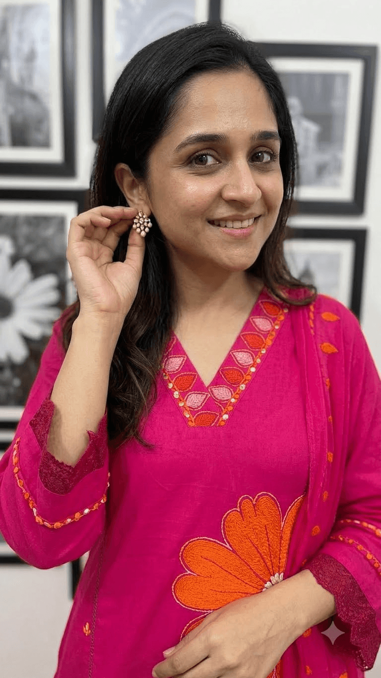 Hot Pink Embroidered Cotton Kurta, Salwar with Dupatta Set