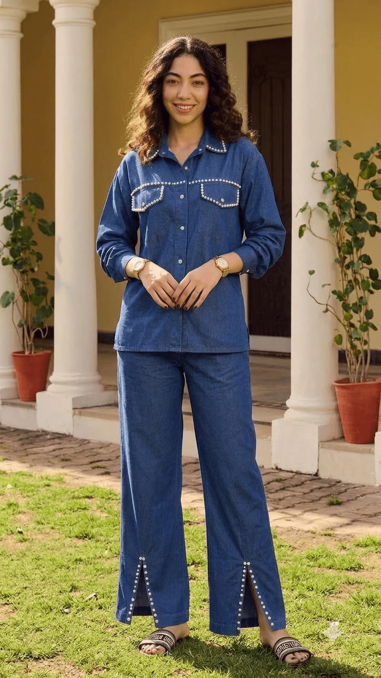 Blue Pearl-Embellished Denim Shirt with Wide-Leg Trouser Set - satrangihouse