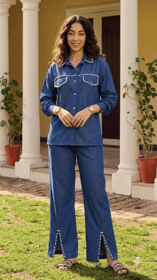 Blue Pearl-Embellished Denim Shirt with Wide-Leg Trouser Set - satrangihouse