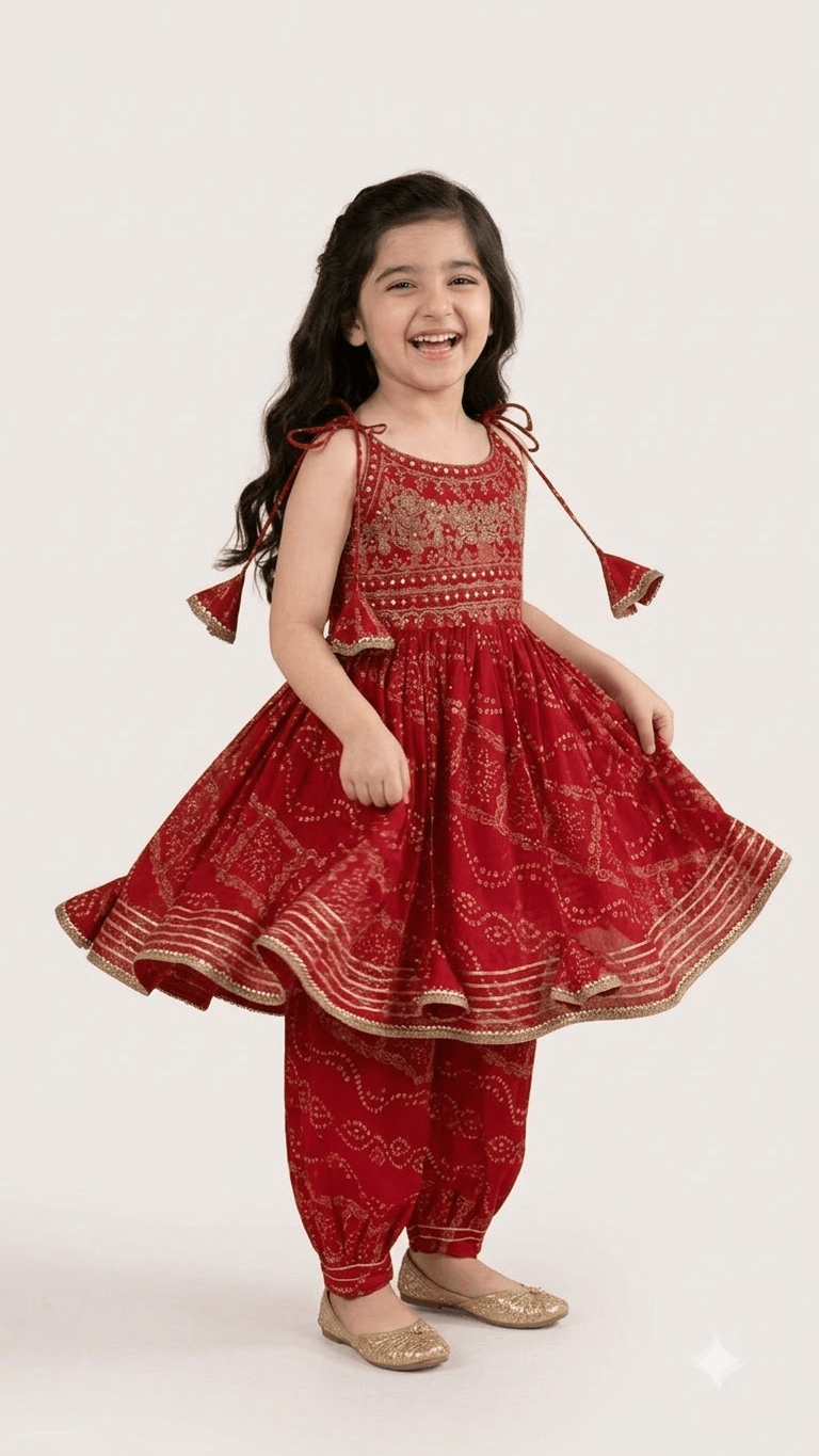 Girls Red Bandhani Printed Cotton Peplum Kurta with Dhoti Pant Set
