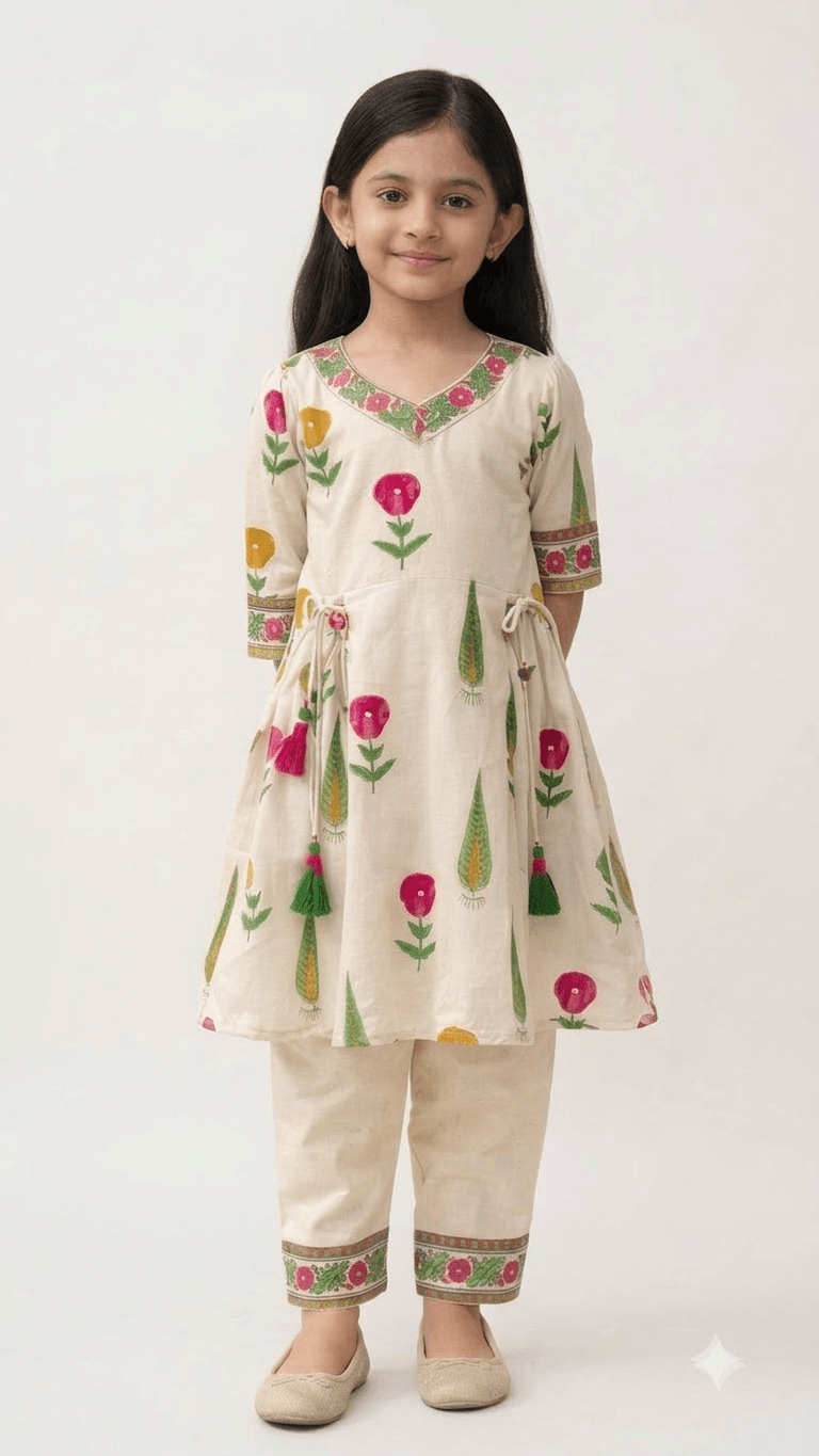 Girls Off-White & Pink Hand Block Printed Cotton Angrakha Kurta with Pant Set