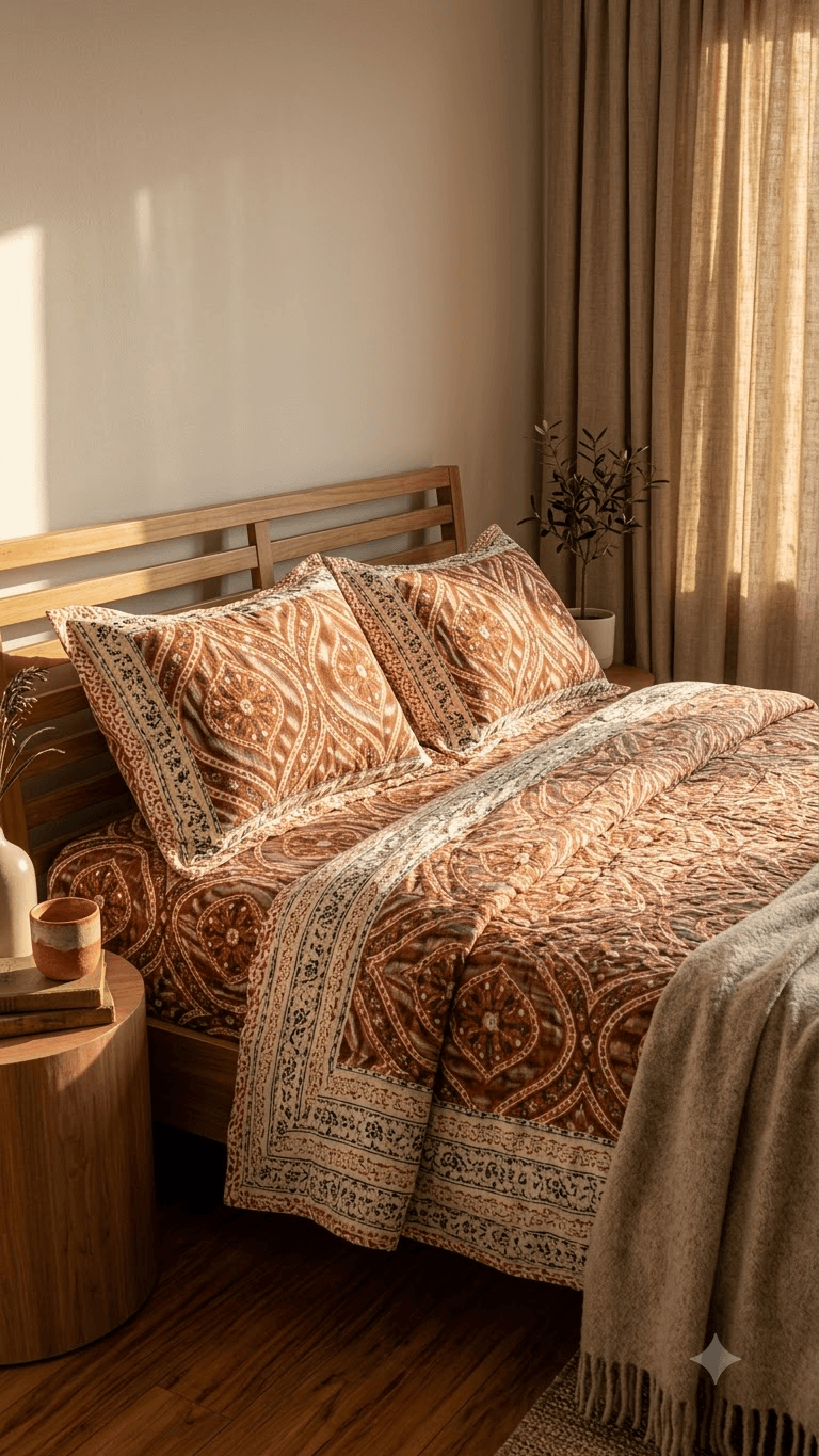 Rust Orange and Terracotta Block-Print Style Cotton Double Bedsheet with Pillow Covers
