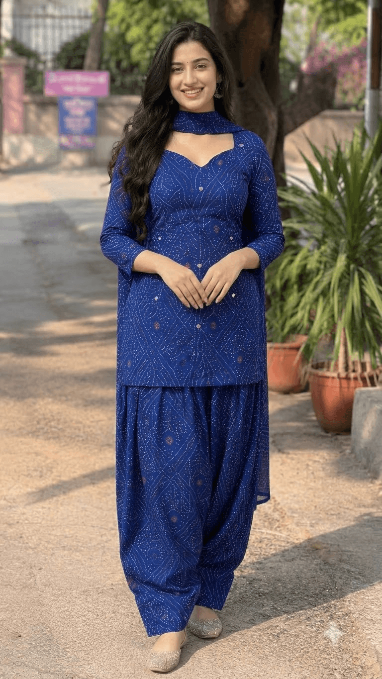 Women Royal Blue Bandhani Printed Cotton Patiyala Salwar Suit Set with Dupatta