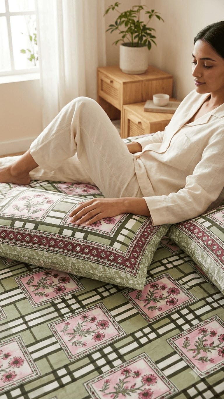 Olive Green and Pink Geometric Check Block-Print Style Cotton Double Bedsheet with Pillow Covers