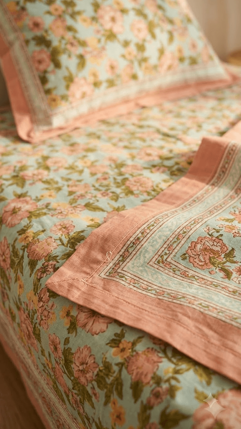 Mint Green and Peach Floral Block-Print Style Cotton Double Bedsheet with Pillow Covers