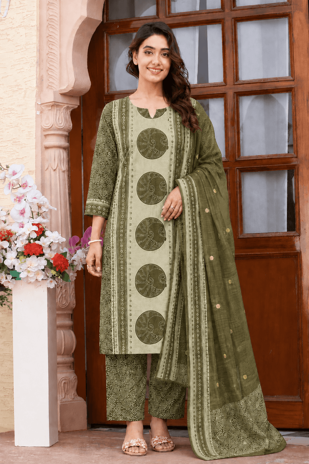 Women's Olive Green and Mint Pure Cotton Bandhani Printed Kurta Pant Set with Dupatta – 3-Piece Traditional Paneled Straight Suit Set