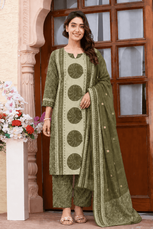 Women's Olive Green and Mint Pure Cotton Bandhani Printed Kurta Pant Set with Dupatta – 3-Piece Traditional Paneled Straight Suit Set